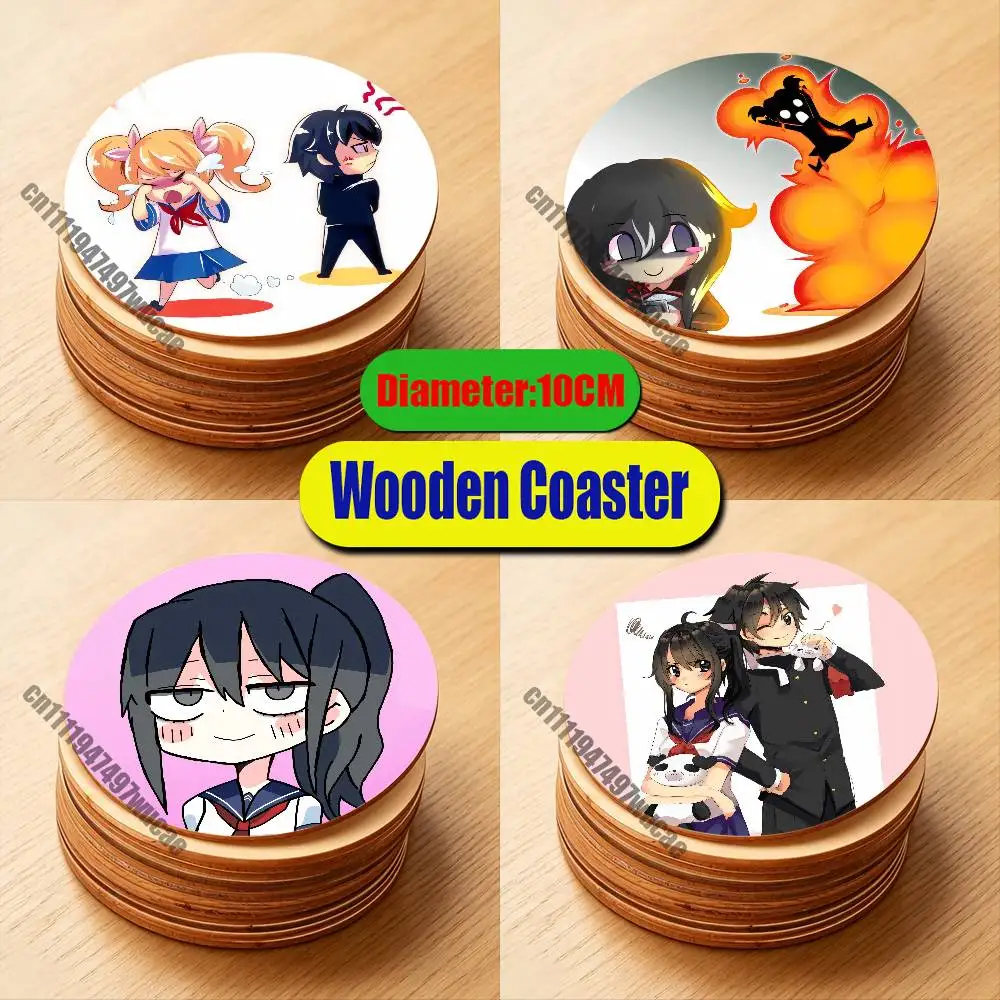 For Y-Yandere S-Simulator Ayano Aishi Taro Yamada Coaster Liquor Beer Drink Water Coffee Tea Cup Glass Mat Wood Round Custom