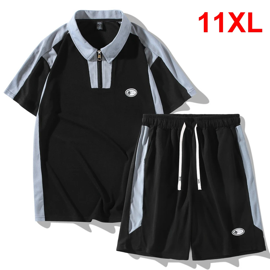 

Men's Sets Summer Tracksuit Plus Size 10XL 11XL Polo Shirts Shorts Running Set Male Big Size Summer Suits Black