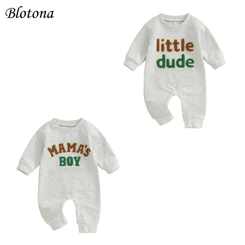 

Blotona Baby Boy Fall Romper Letter Embroidery Long Sleeve Crew Neck Full Length Jumpsuit