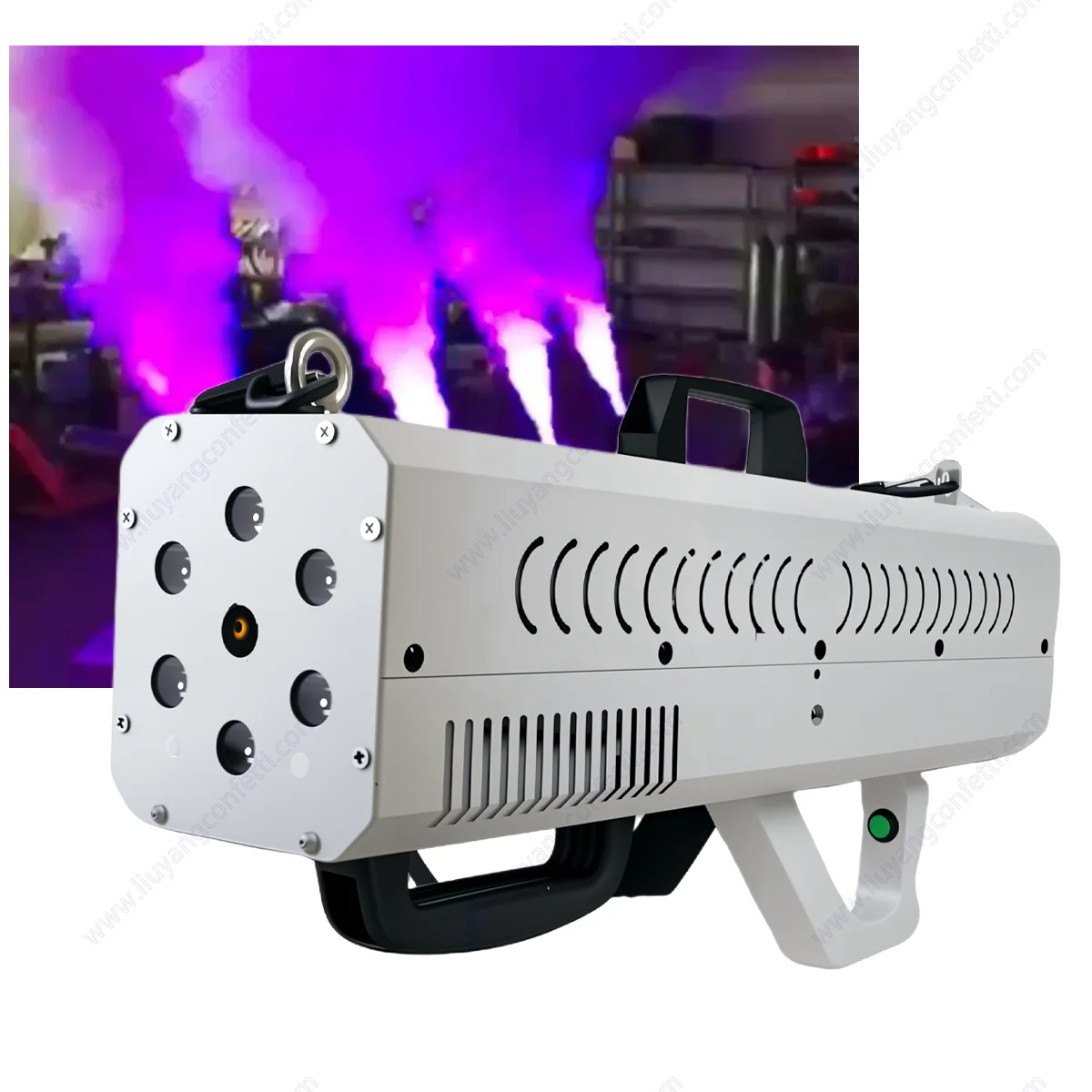 Portable 1500W RGB LED Jet FX Smoke Gun Powerful Output Air Column DJ Light Cannon Fog Spray Machine for Stage Wedding Party SFX
