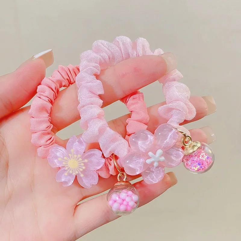 Pink Cherry Blossom Hair Rope Sweet Flower Hair Ring Acrylic Fabric Elastic Scrunchies Fashion Jewelry Hair Accessories for Girl