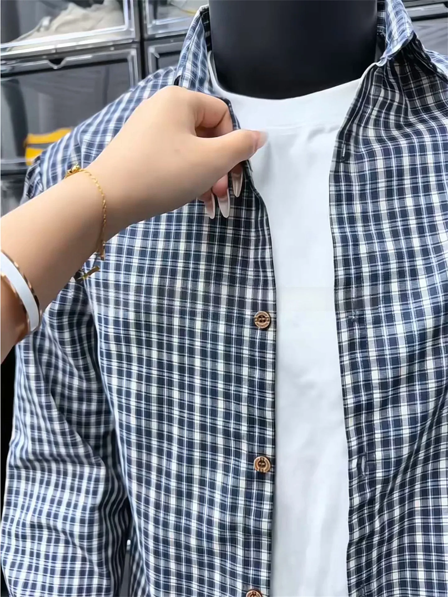 Blue Plaid Long Sleeve Men's Shirt Loose Fit Autumn Casual Style Outerwear Open Cardigan Style Youth Popular Daily Wear