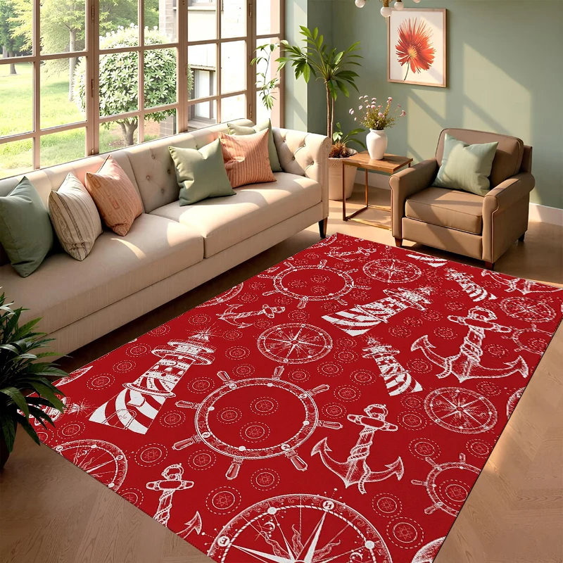 Ocean Style Area Carpet Floor with Red Background and White Navigation Anchor Compass Pattern Cushion for Living Room Decoration