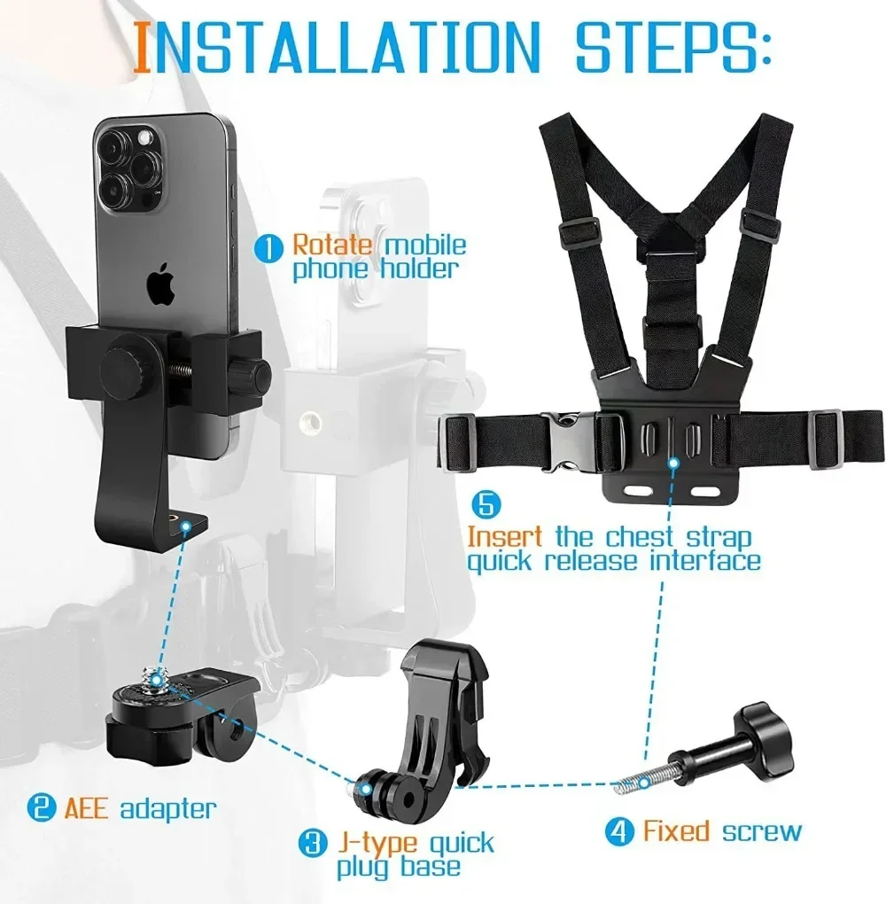 1 PC Adjustable Phone Clip Holder With Chest Strap Fixation Bracket for Sport Camera Mobile Phone Camera Black Holder Accessory - náhled 2