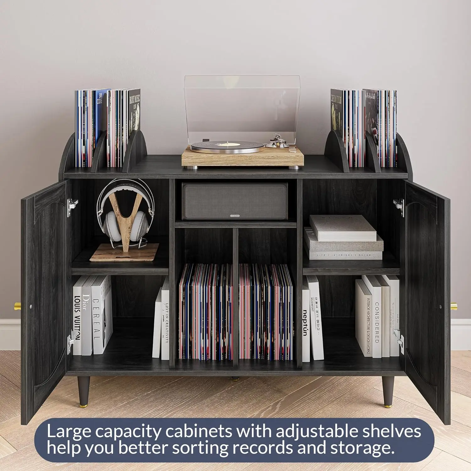 Comfort Corner Record Player Stand, Storage Cabinet Holds up to 350+ Albums, Rattern Decorated Turntable Stand with Power Outlet