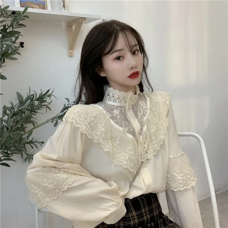 Fashion Ruffled Autumn Lace Up Women Blouses Stand Collar Ladies Tops Vintage Lace Shirts Korean Sweet Loose Clothes Women 11335