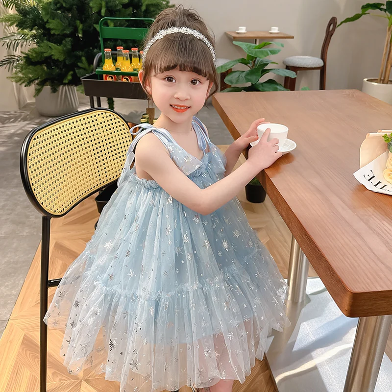 

2023 new summer children's dress snowflake suspender girl's skirt sleeveless baby's beach skirt fairy princess dress fashion