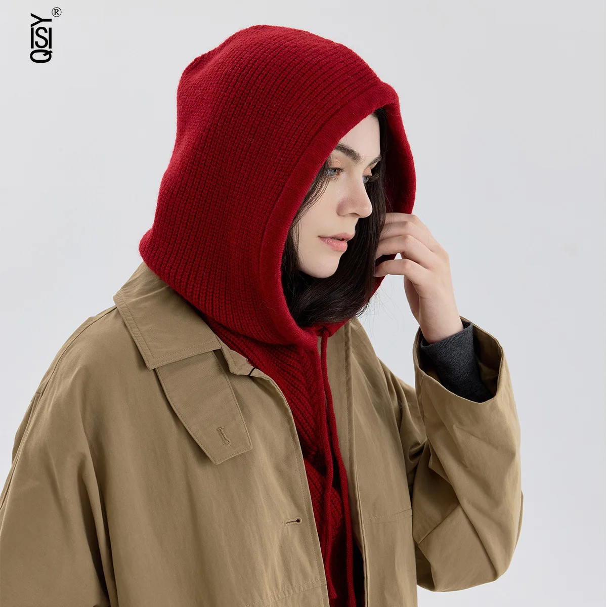 

Solid-color Balacrafa Cap, Knitted Pullover, Scarf, Drawstring, Winter Windproof, Warm and Ear-protecting Women's Woolen Cap