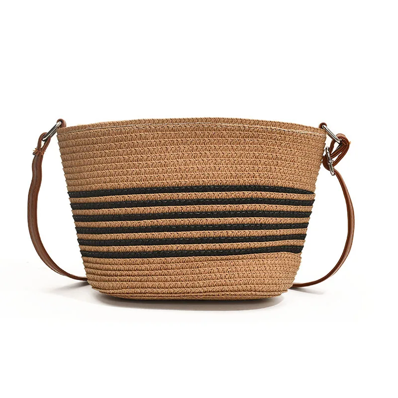 

Small Striped Woven Bucket Bag Lightweight Straw Crossbody Bag for Women PU Strap Daily Casual Summer Handbag for Travel