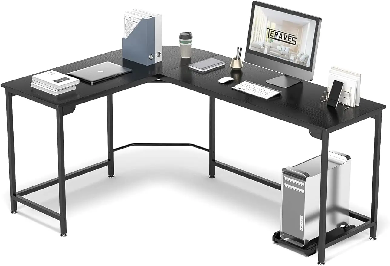 Modern L-Shaped Desk 58/66'' Corner Computer Desk Home Office Study Workstation Wood & Steel PC Laptop Gaming Table,Black