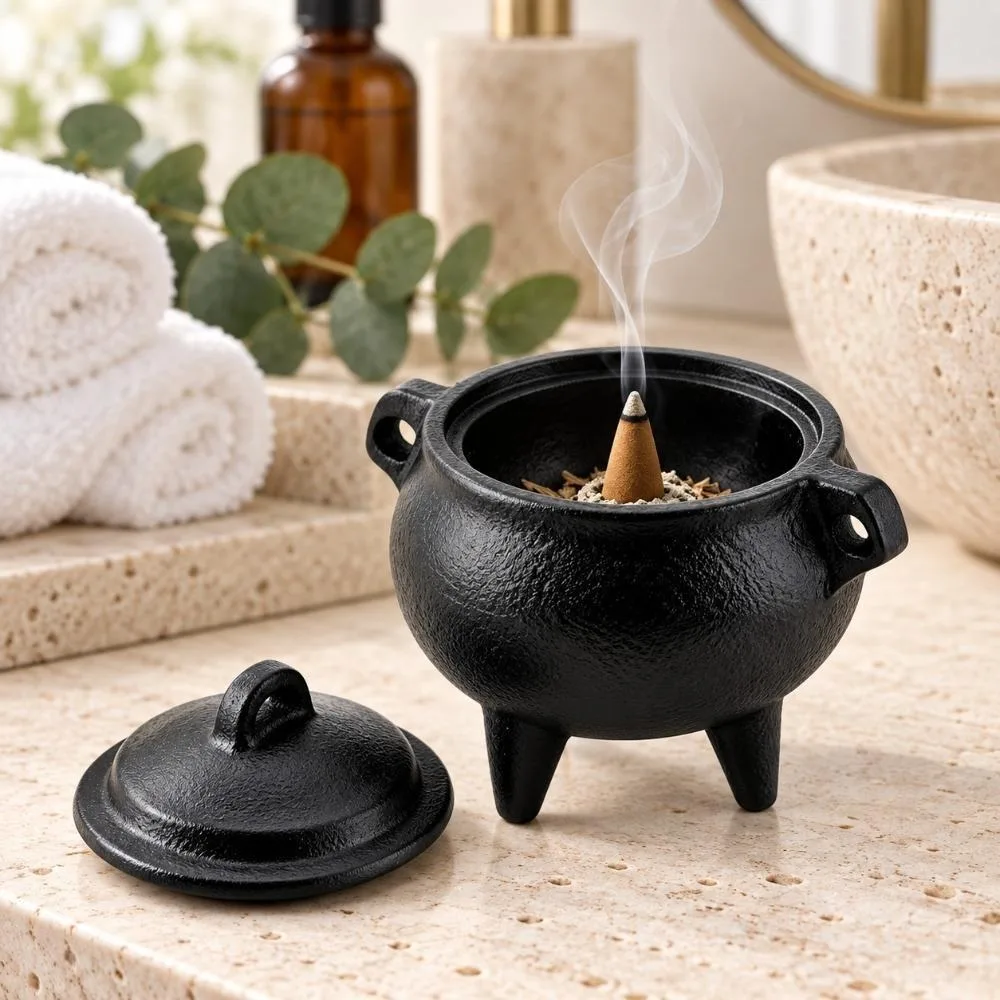 Mini Cast Iron Cauldron Incense Burner With Lid,Black Three Legged Vintage Aroma Holder,Unique Tabletop Home Decor For Bedroom,Living Room,Office Desk,Shelf Decoration,Incense Stick And Cone Holder For Relaxation,Yoga Meditation Space,Cozy Room Styling