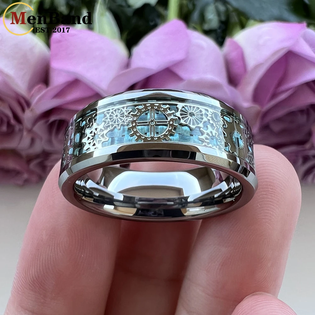 Unique 8mm Tungsten Carbide Rings Wedding Band Gear Wheel Blue Carbon Fiber Inlay Fashion Jewelry Comfort Fit