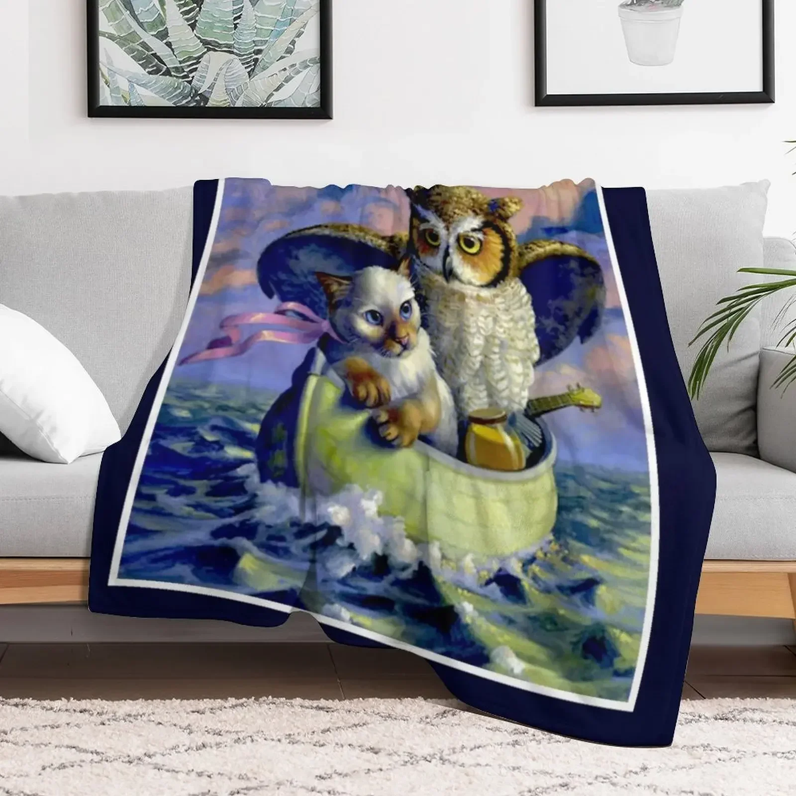 OWL and the PUSSYCAT : Vintage Art Nursery Rhyme Advertising Print Throw Blanket Quilt halloween Blankets