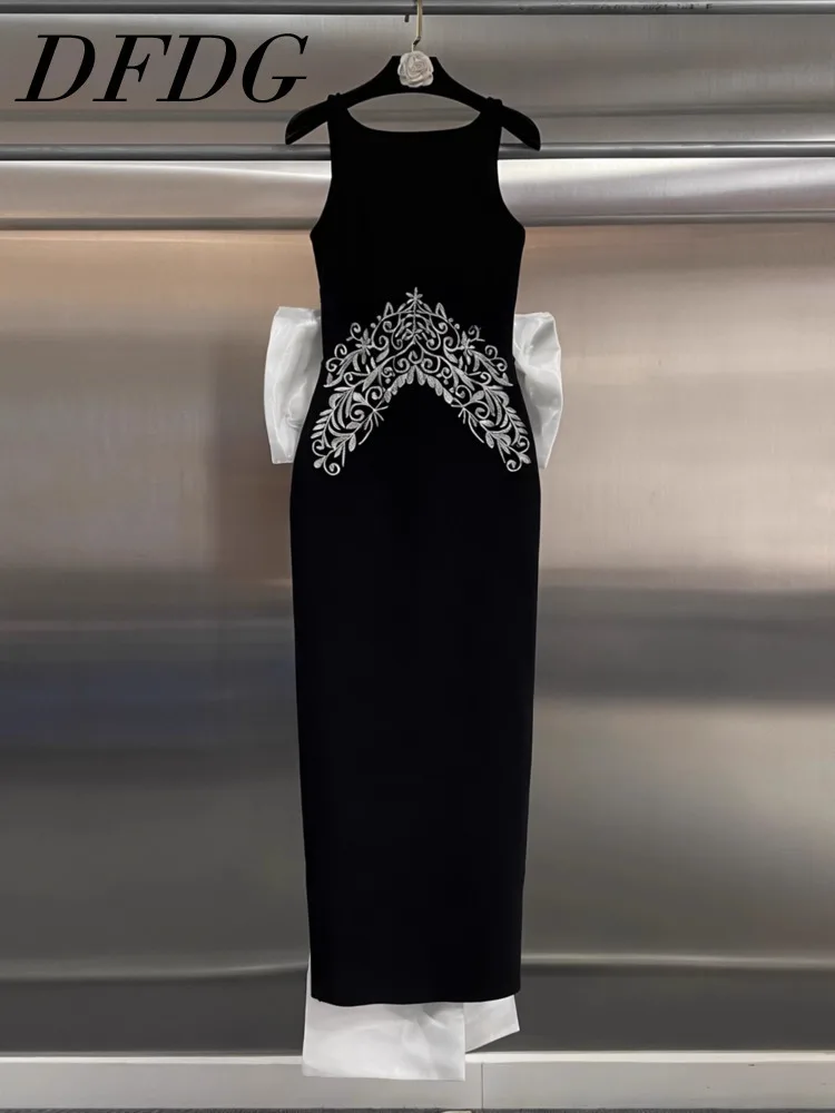 DFDG Designer 2025 printemps été femmes élégant blanc nœud dentelle Tulle robe de soirée pure Maxi robe longueur de plancher robe de soirée