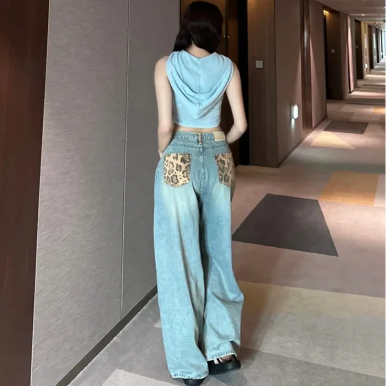 

High Waist Wide Leg Leopard Print Color Block Denim Pants Casual Style Four Seasons Cotton Material Adult Loose Fit Jeans