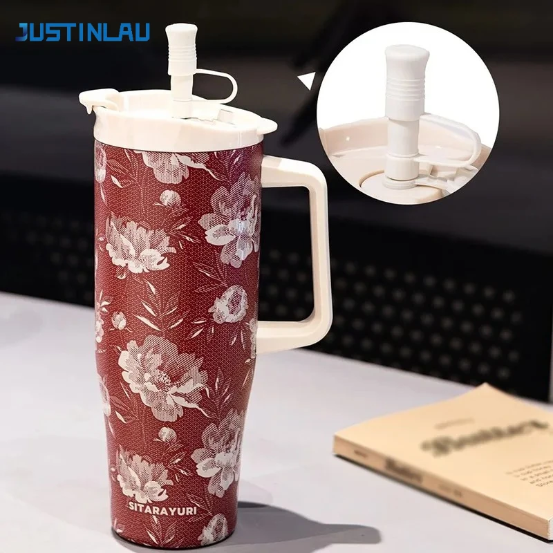 JUSTINLAU 1200ml Travel Car Mug with Straw Stainles Steel Insulated Bottle with Sticker Art Vacuum Kettle Insulation and Cooling