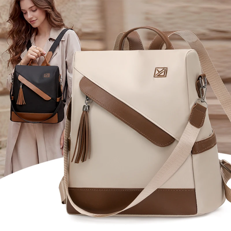Fashion Women Backpack Large Capacity and Tassel Waterproof Nylon Daypack Anti-theft Casual Travel Shoulder Bag Ladies Rucksack