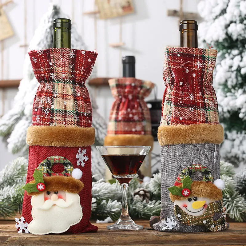 

Christmas Decoration Wine Bottle Cover Plaid Set Santa Claus Snowman Elk Wine Bottle Set Xmas Atmosphere Red Wine Bottle Decor