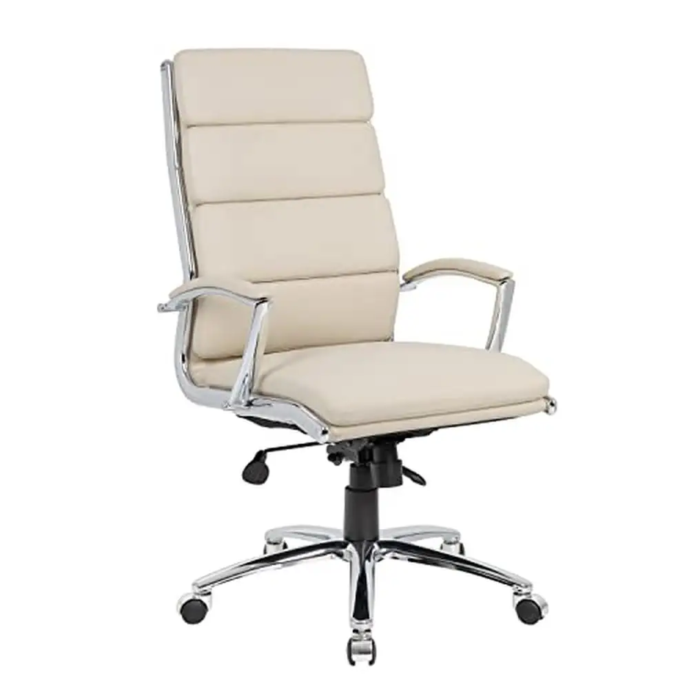 

High-back Executive Chair Adjustable Height Swivel Armrest Metal Chrome Finish Beige Fabric Linen Wood Frame 27"x28"x43"-47