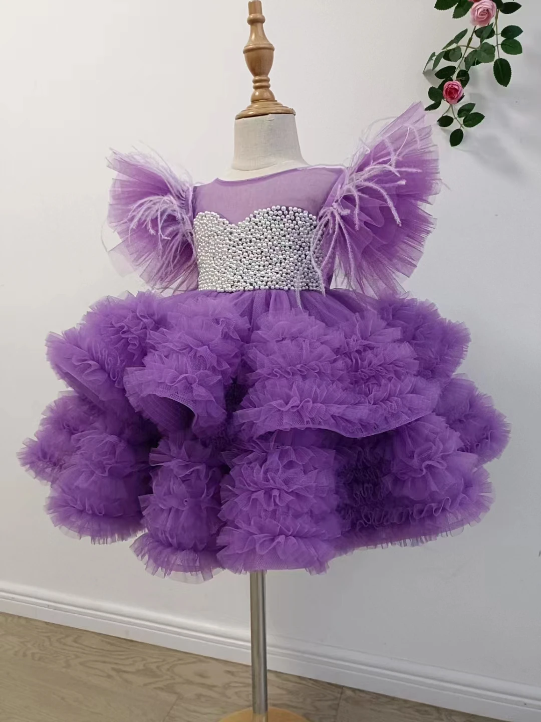 Vestido rosa de flores para niña, vestido de baile de princesa con cuentas de perlas, vestido hinchado para primera comunión, vestidos de desfile para niñas