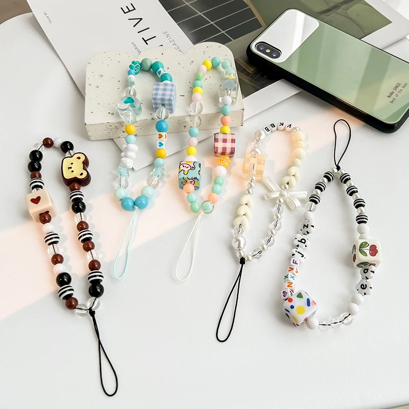 Lovely Cartoon Bear Beaded Phone Chain Exquisite Mobile Phone Charm Wrist Strap Original Letter Telephone Jewelry Accessories