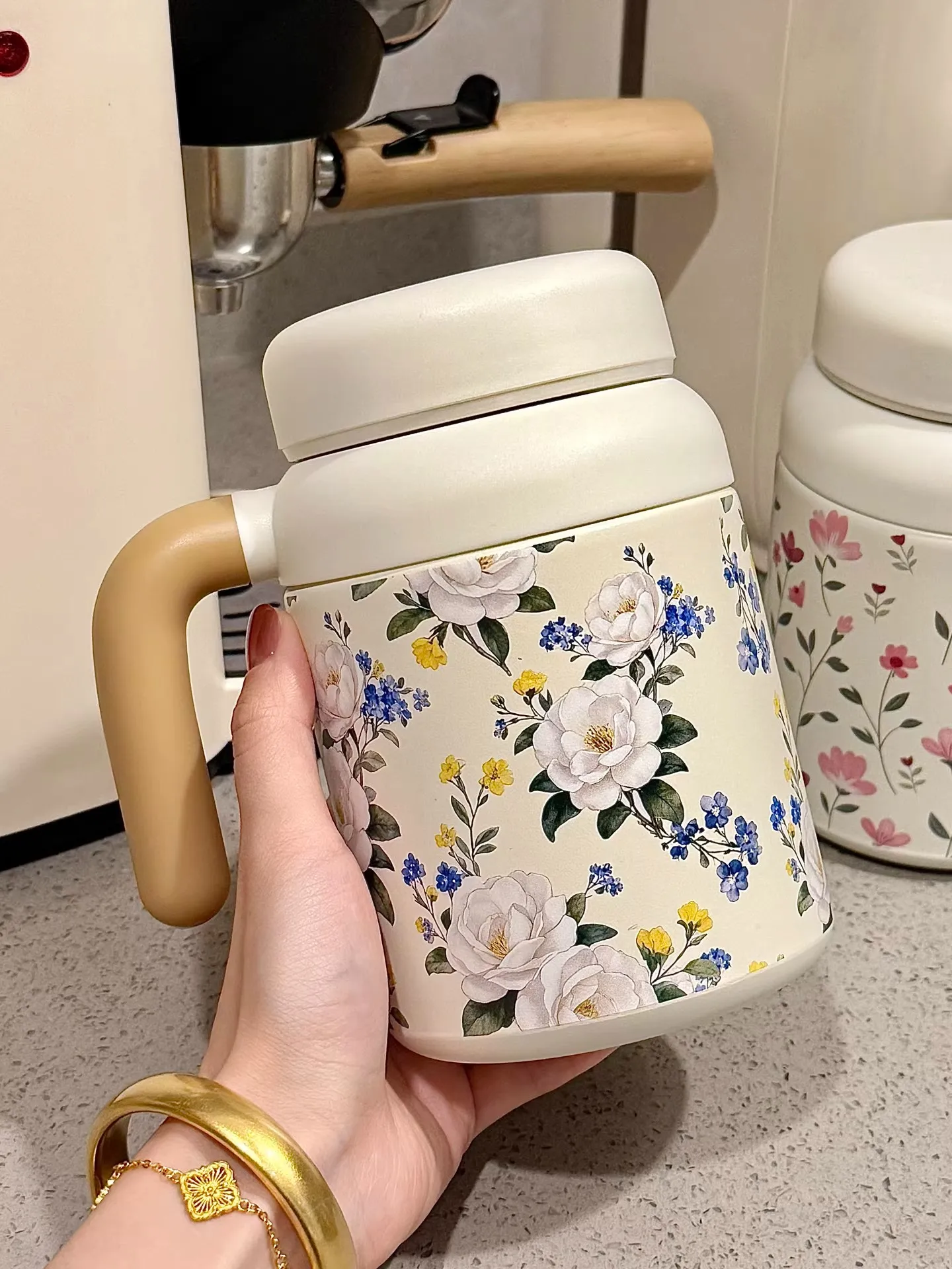 

Термокружка из нержавеющей стали 316 большой емкости с ручкой для заваривания чая, с цветочным узором, для женщин, для дома и офиса