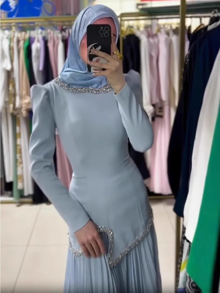 Eid ชุดสตรีมุสลิม Abaya จีบเสื้อกระโปรง 2 ชิ้นชุดเพชร Ramadan ชุดยาว Vestidos Largos อาหรับยาว Robe