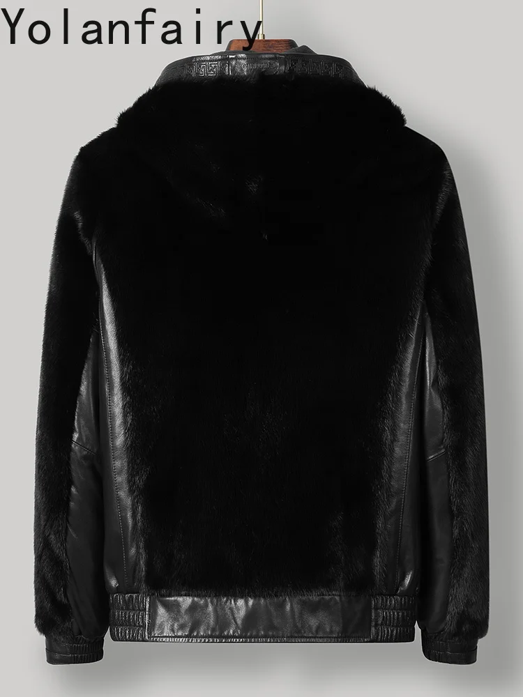 YOLANFAIRY Natural Fur Coat Man Winter High-end Real Goatskin Spliced Mink Fur Jacket Hood Luxury Mens Leather Jacket Down Coats