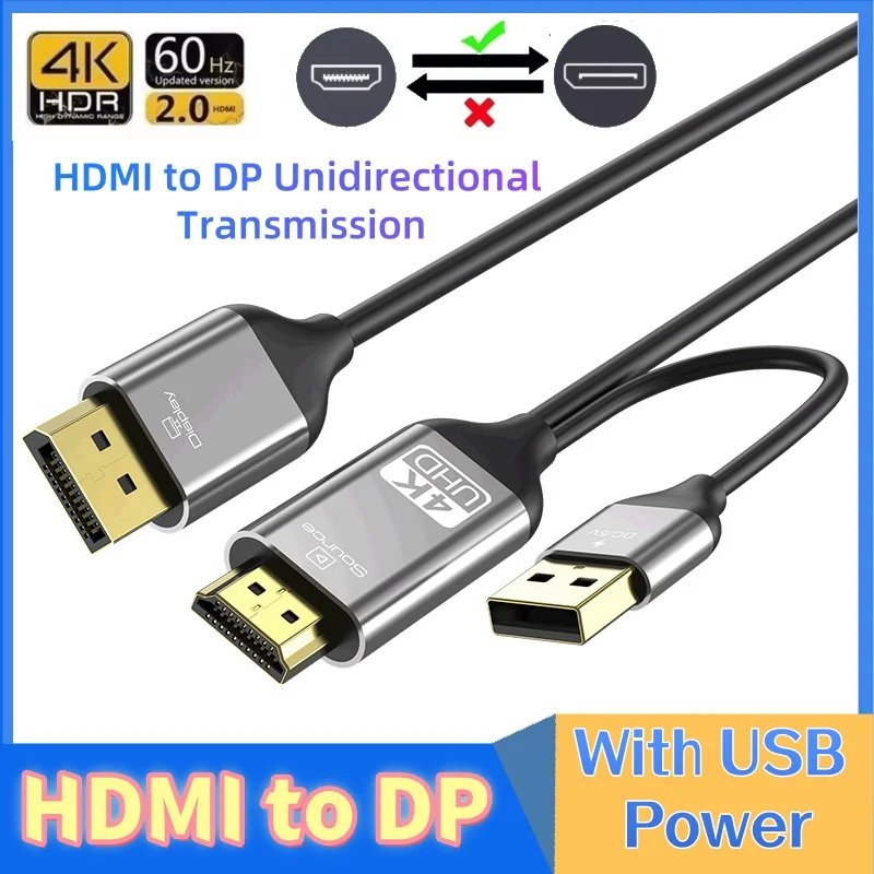 HDMI-Compatible To DisplayPort Cable HDMI Source to DP Display Converter 4K@60Hz HDR For Desktop PC Laptop PS5 Monitor Projector