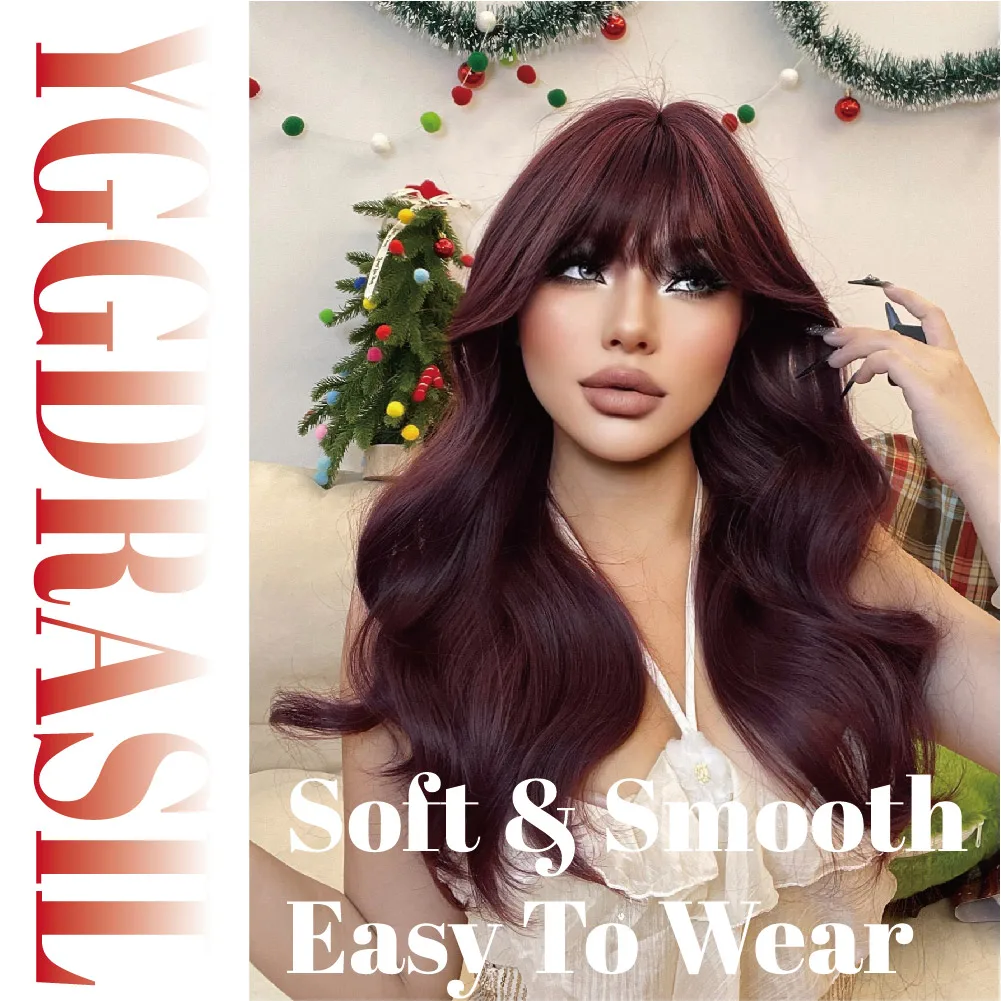 22Inch Wine Red Modern Synthetic Wigs With Bang Medium Natural Wavy Hair For Women Cosplay Drag Queen Daily Use Heat Resistant