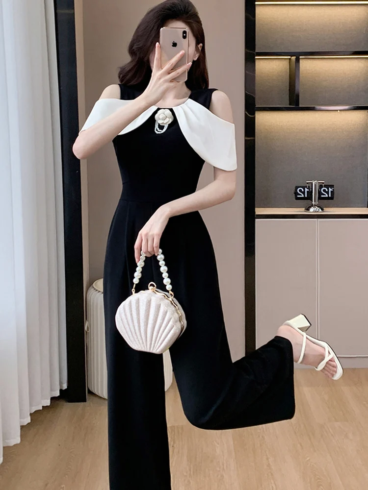 Korean Fashion Sexy Off Shoulder Slim Jumpsuit For Women Office OL Elegant Hit Color Patchwork High Waist Wide Leg Rompers 2024