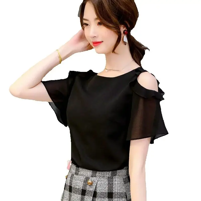 2026 Women Off Shoulder Short Sleeve Blouses Print Floral Chiffon Shirts Casual Ladies Clothing Female Blusas Women Tops V1768