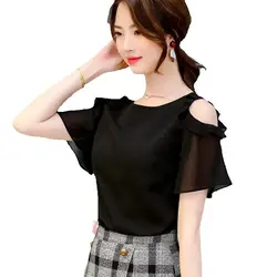 2023 Women Off Shoulder Short Sleeve Blouses Print Floral Chiffon Shirts Casual Ladies Clothing Female Blusas Women Tops V1768