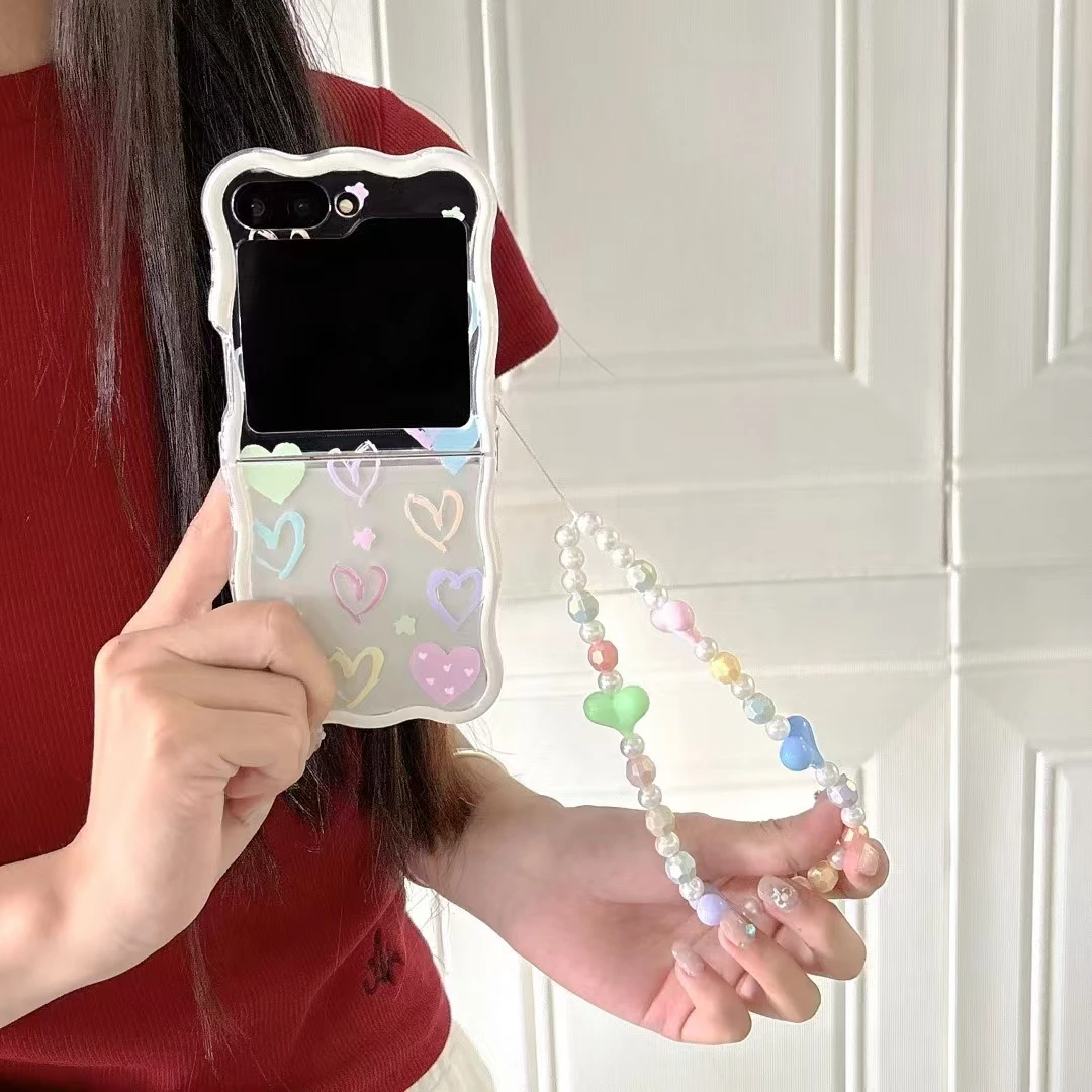 Luxury Crystal Colorful Heart Candy Pearl Wrist Strap Wave Phone Case Cover For Samsung Galaxy Z Flip 6 5 4 3 5G F7110 F7070