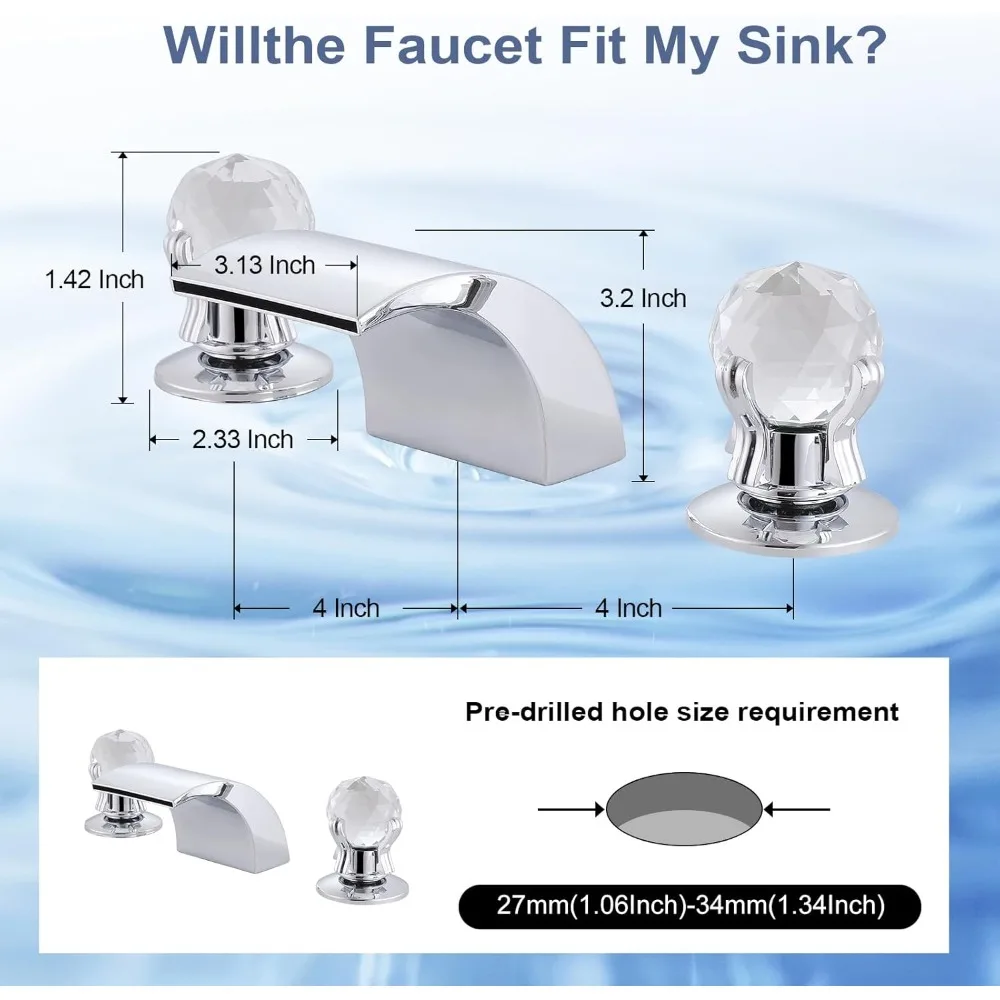 Keran Wastafel Kamar Mandi dengan Lampu LED, Fitur Air Terjun 3 Warna yang Berubah, dan Pegangan Kristal Ganda, Keran Mixer untuk 3 Lubang