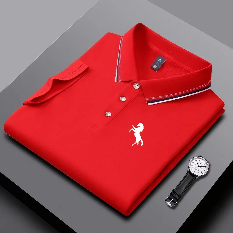 Summer men's polo shirt with horse logo print, short sleeved striped collar, summer breathable casual business top