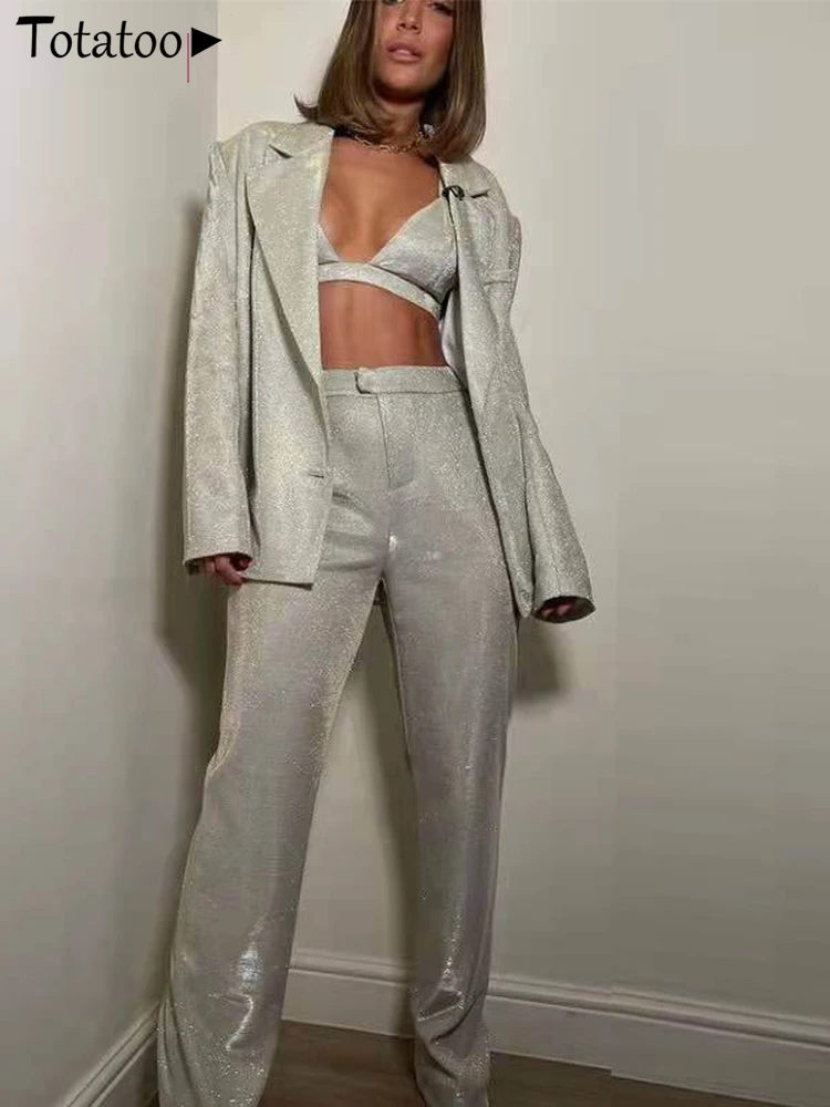 Sexy Glitter Sleeveless Bra Top with Blazer Coat and Wide Leg Pant Three Piece Set Office Lady Streetwear Sexy Suit Fashion 2026
