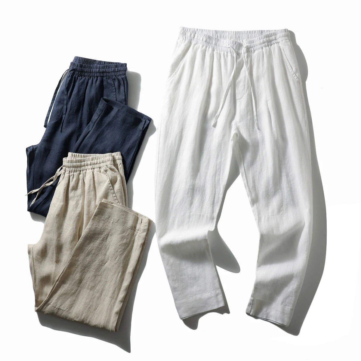 

Летние мужские однотонные повседневные брюки с эластичной резинкой на талии, тонкие дышащие удобные льняные модные городские брюки