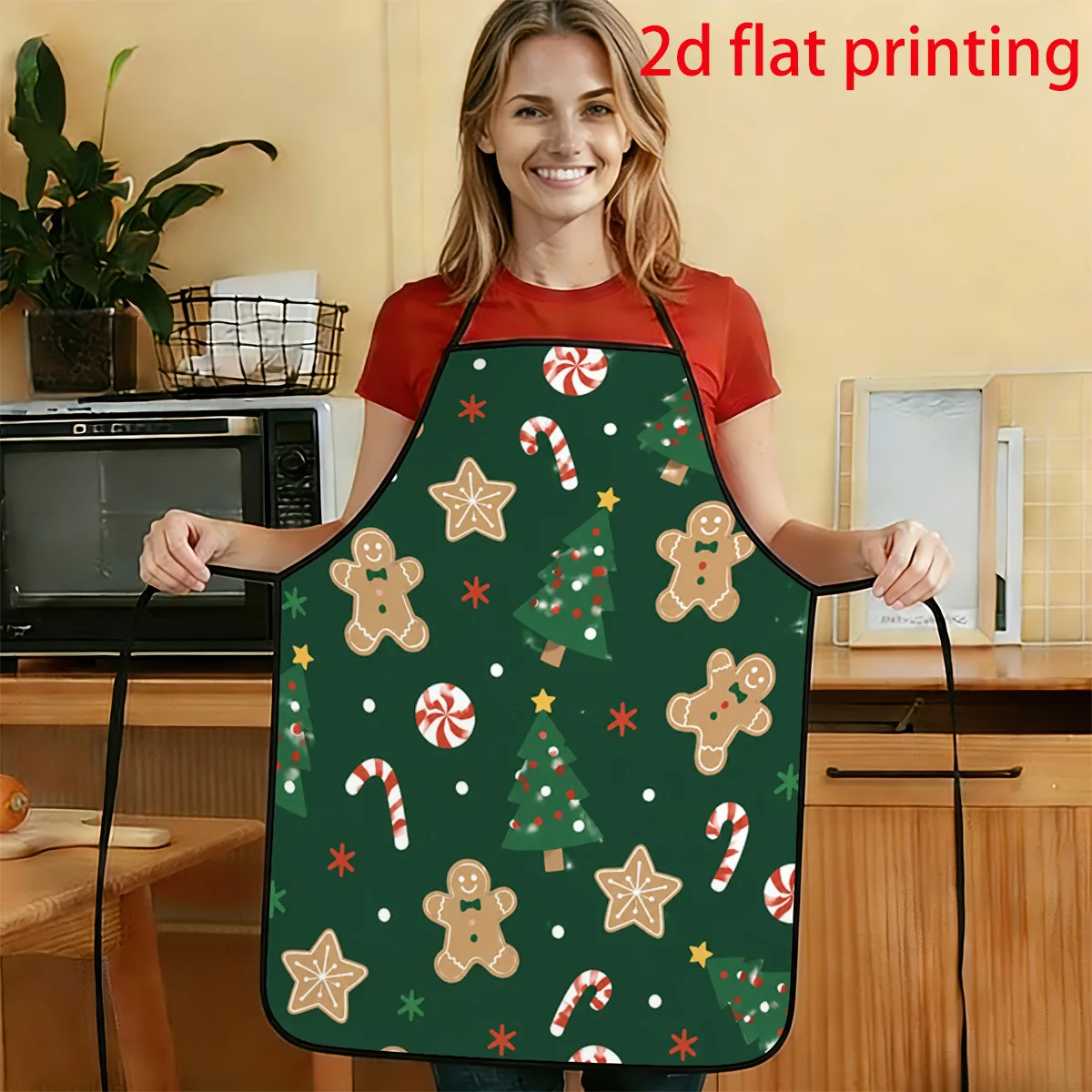 1pc 2D Flat Christmas Holiday Illustration Style Gingerbread Man Christmas Tree Candy Cane Pattern Printed Apron Durable And Eas