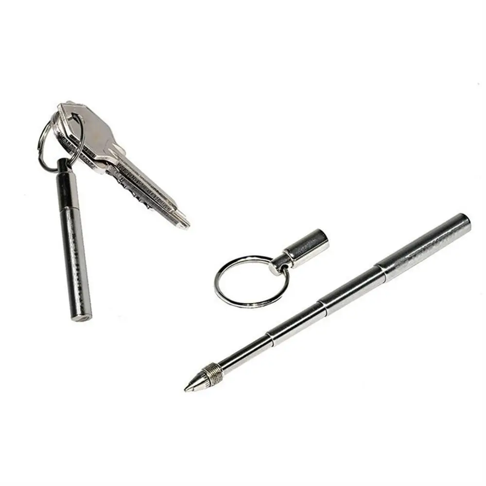 Stainless Steel Telescoping Tool Pen Multifunctional Metal Key Ring Ballpoint Pens Drawing Silver Pen Shape Keychain