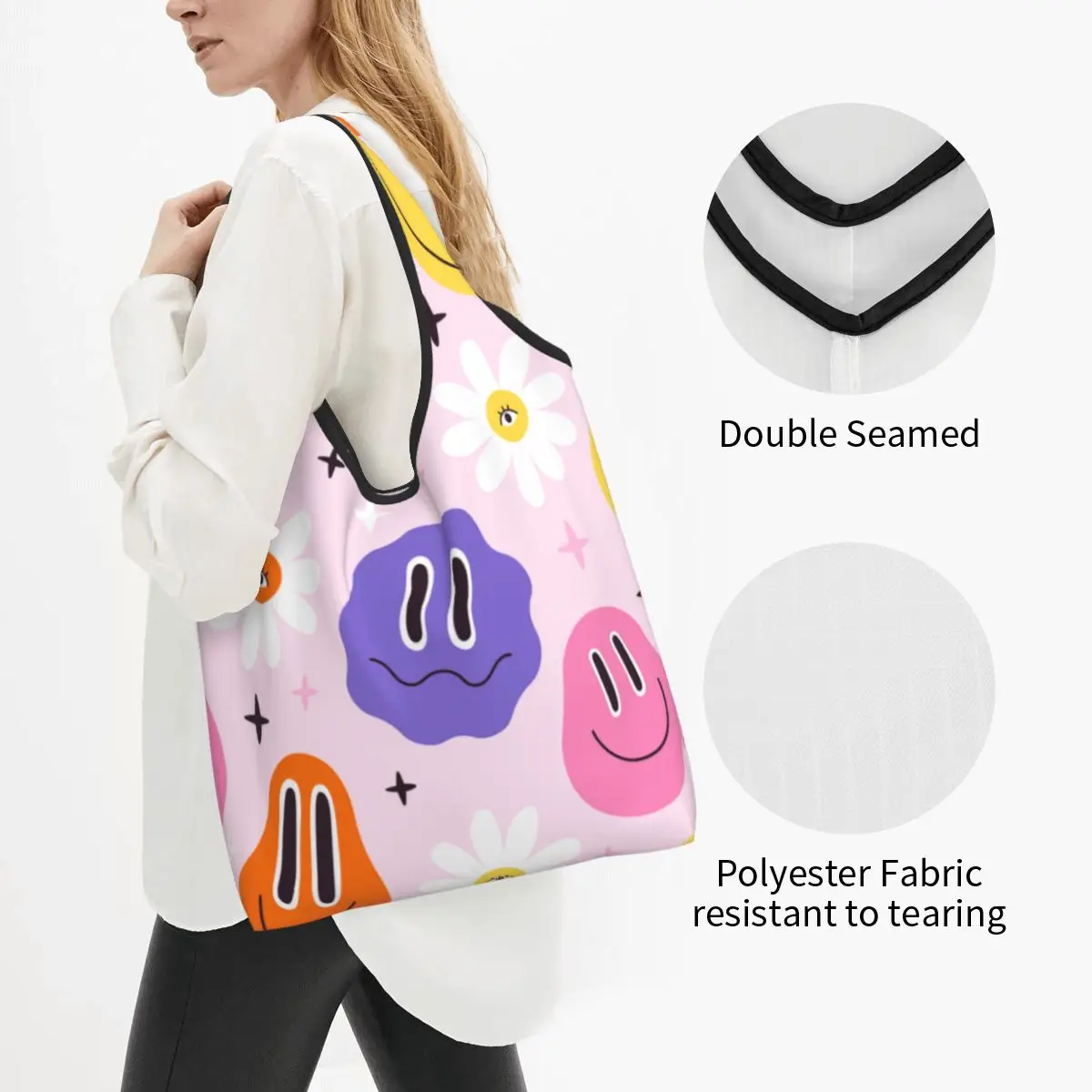 Reusable Trippy Melted Face Meme And Flowers Shopping Bag for Groceries Foldable Grocery Bags Washable Large Tote Bags