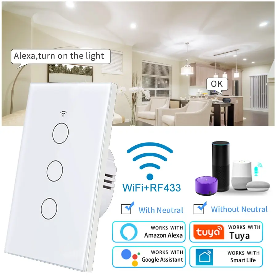 Tuya – interrupteur d'éclairage intelligent WiFi, norme américaine, fonctionne avec Alexa Google Home, interrupteur tactile mural 110V 220V RF433Mhz, télécommande 1 2 3 4 gangs