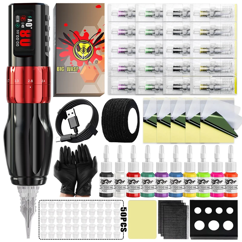BIGWASP Wireless Tattoo Machine Kit Adjustable 2.0-4.2mm Stroke Rotary Tattoo Pen Gun 2000mAh Power Coreless Motor for Artists