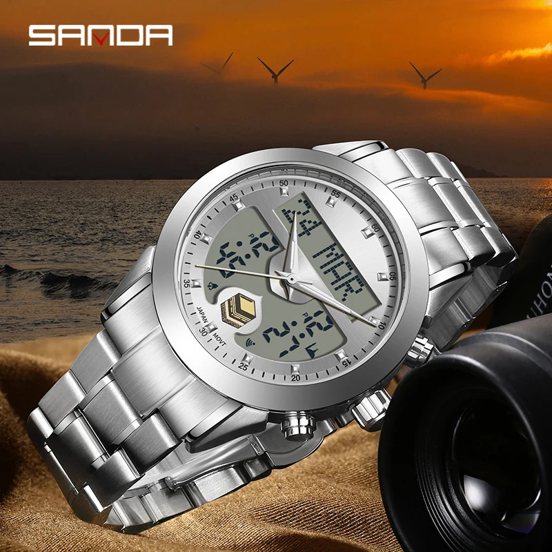 SANDA All Steel Case Qibla Direction Worship Watch LED Digital Light Display Sport Watch Pilgrimage Time Reminder Watch Muslim