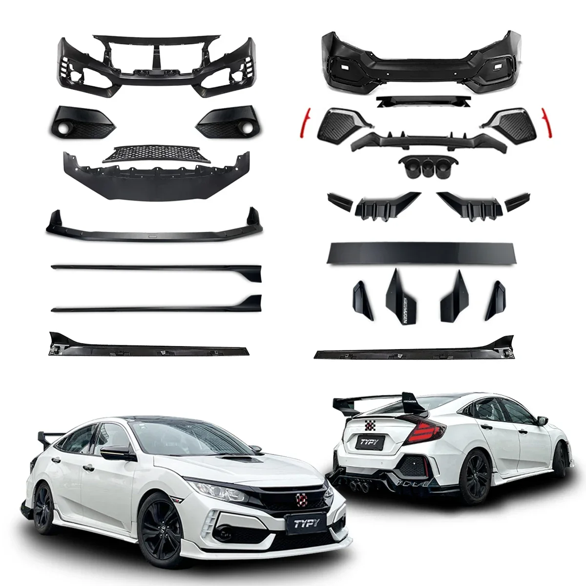 Car Body Kit Mugen Style For Honda Civic 10th FK7 Sedan Hatchback Front Rear Bumper Lip Rear Spoiler Tailpiece Type R Style Kit