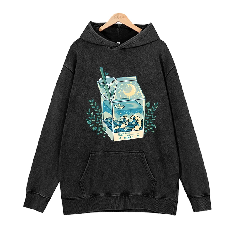 Milk Box Moonlight Wave Hoodies Men Fashion Long Sleeve Sweatshirts Women Casual Harajuku Streetwear Pullovers