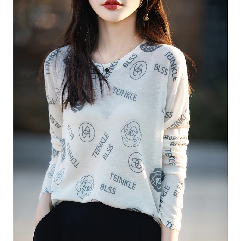 2024 Spring Clothing Top Women\'s Round Neck Pullover Sweater Fashion Printed Knitted Bottom Shirt Casual Long Sleeved T-shirt