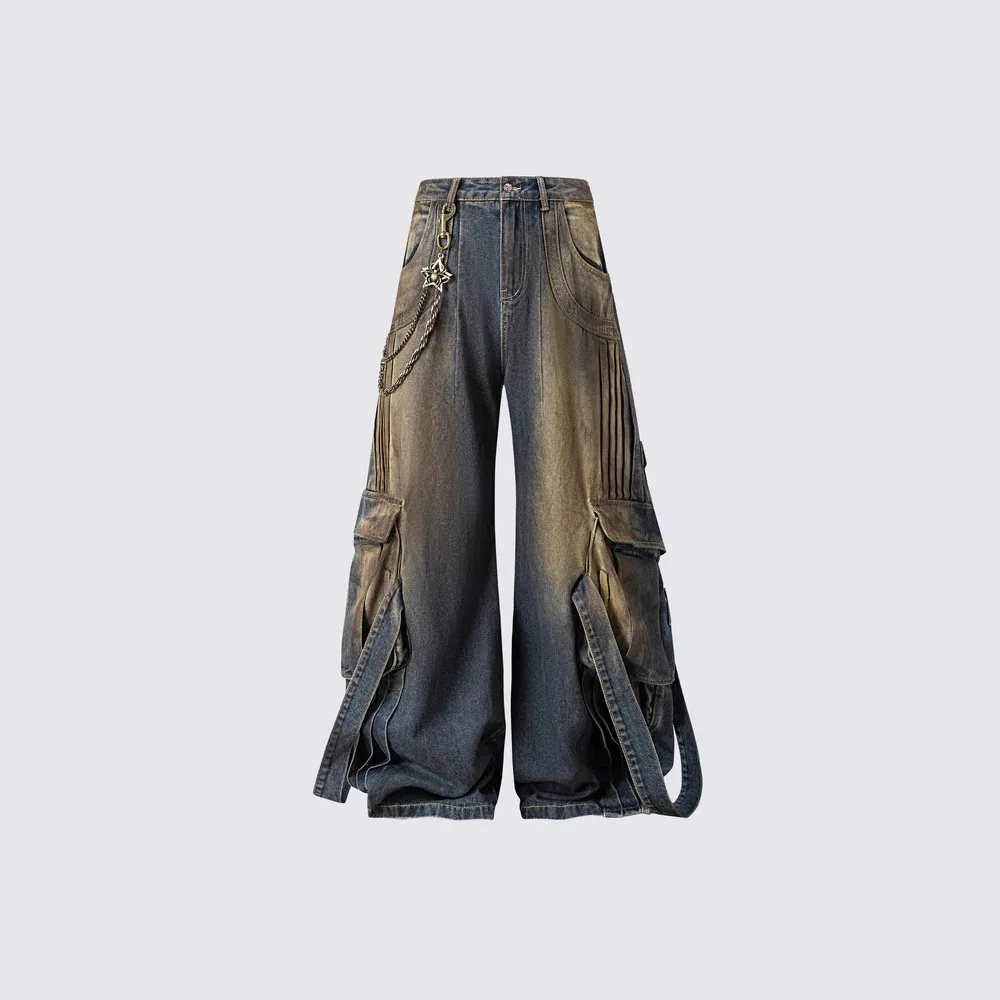 High Street Heavy Industry Washed Multi Pocket Jeans Pant Men Retro Loose Vintage Wide Leg Floor Dragging Pants