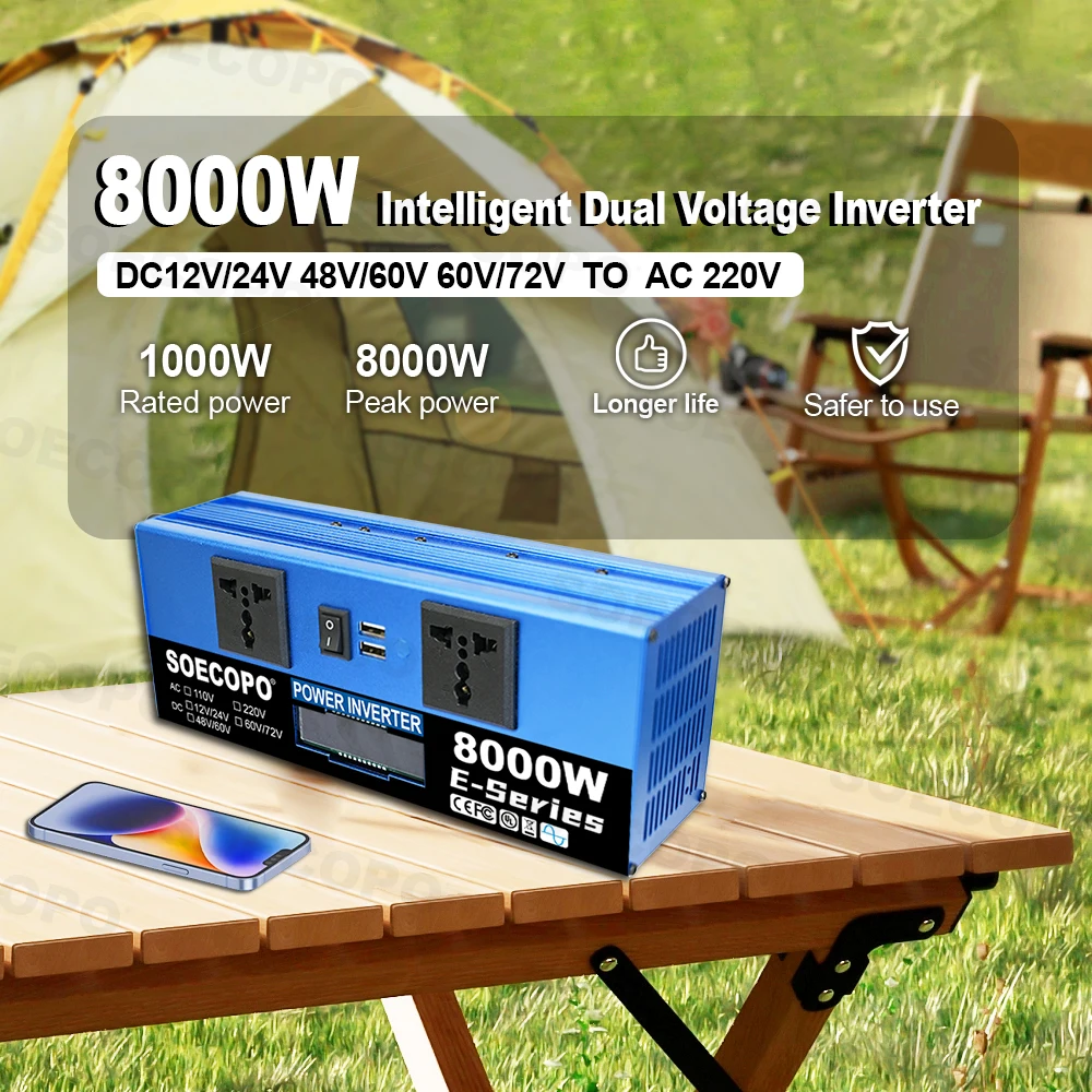 SOECOPO Car Inverter Dual DC 12V/24V to AC 220V 10000W/8000W/7000W 2 USB Ports 2 Sockets Car Voltage Converter Camping RV