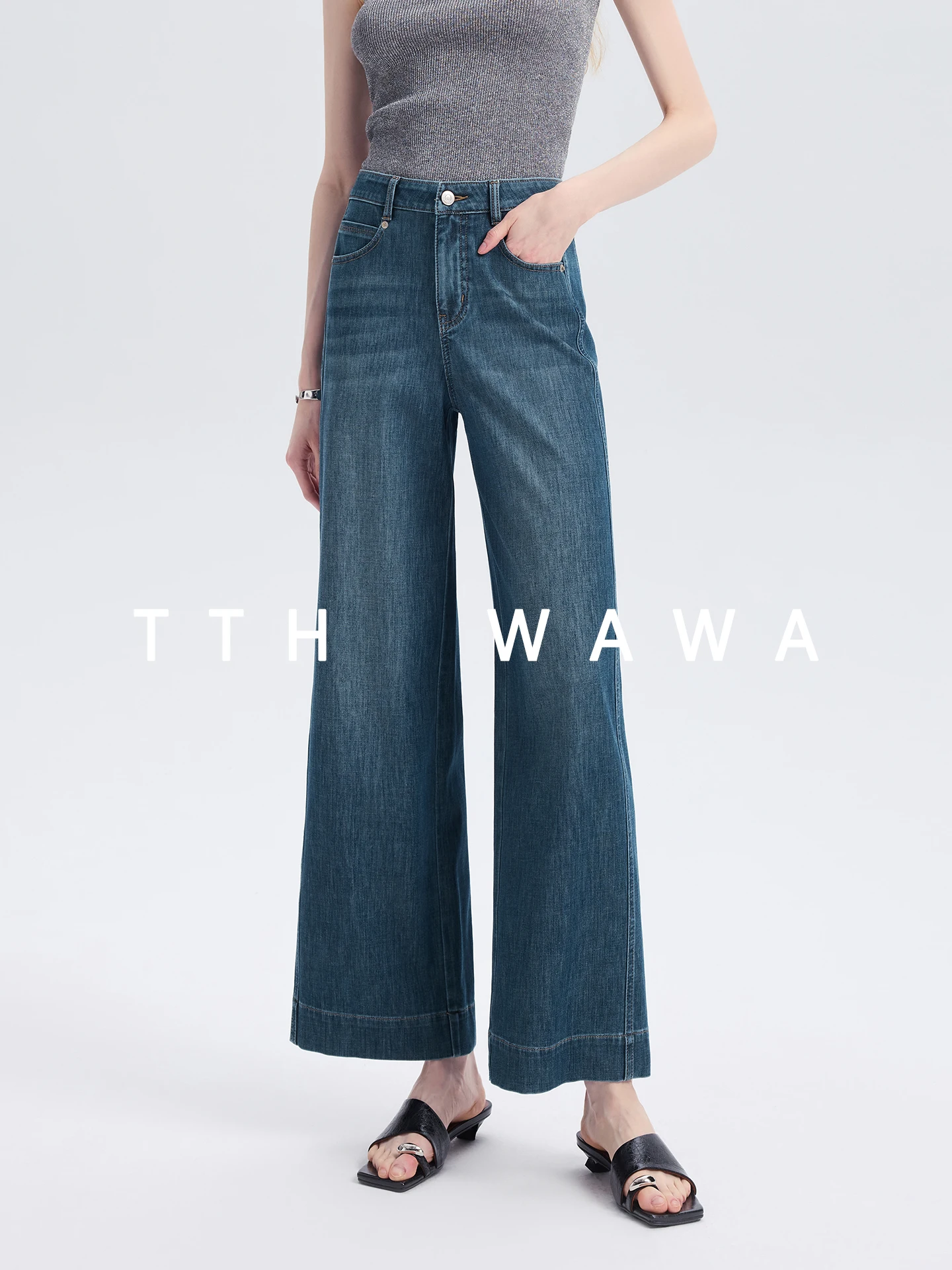 

TTH WAWA High Waist Blue Wide Leg Nine-Tenths Jeans Women's Loose Straight Pants Spring New Arrival Comfortable Breathable